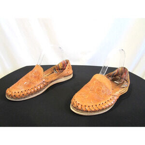 Zamarla Brown Leather Floral Embossed Mexican Huaraches Flats Sandals Women 8.5